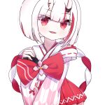  1girl cross highres horns japanese_clothes kimono nakiri_ayame nakiri_ayame_(shrine_maiden) red_eyes solo white_hair 