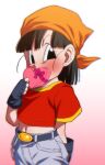  1girl bandana belt black_belt black_eyes black_gloves black_hair box denim dragon_ball dragon_ball_gt fingerless_gloves gift gloves gradient_background heart heart-shaped_box holding holding_gift jeans looking_at_viewer midriff navel orange_bandana pan_(dragon_ball) pants pink_background red_shirt rom_(20) shirt short_hair short_sleeves solo 