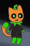  ambiguous_gender black_body domestic_cat elemental_creature felid feline felis flora_fauna food food_creature fruit gooblie_2 green_eyes grey_background halloween holidays living_fruit looking_at_viewer mammal open_mouth plant pumkat pumpkin pumpkin_head simple_background solo tail 