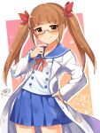  1girl artist_name blue_sailor_collar blue_skirt blunt_bangs blush bow brown_eyes brown_hair character_name closed_eyes coat collarbone glasses gradient_background grid_background hair_bow hair_ribbon hand_on_own_hip highres idolmaster idolmaster_cinderella_girls idolmaster_cinderella_girls_starlight_stage ikebukuro_akiha labcoat long_hair looking_at_viewer mmmakaron888 neck_ribbon open_clothes open_coat orange_background pink-framed_eyewear pink_background pleated_skirt red_ribbon ribbon robot sailor_collar school_uniform semi-rimless_eyewear simple_background skirt smile solo twintails two-tone_background under-rim_eyewear white_background 