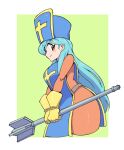  1girl absurdres blue_hair blue_headwear blue_tabard bodysuit closed_mouth cropped_legs cross dragon_quest dragon_quest_iii gloves hat highres holding_mace light_blue_hair long_hair mace mitre orange_bodysuit powerhamuhamu priest_(dq3) red_eyes smile solo tabard v_arms weapon yellow_gloves 