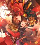  1boy 1girl belt brother_and_sister cape cloak closed_mouth falling_petals family_crest fate/grand_order fate_(series) fiery_hair gloves hat hi_(wshw5728) highres long_hair looking_at_viewer military_hat oda_nobukatsu_(fate) oda_nobunaga_(fate) oda_uri open_mouth otoko_no_ko peaked_cap petals red_cape red_cloak red_eyes red_theme siblings sidelocks smile sword twitter_username very_long_hair weapon white_gloves 