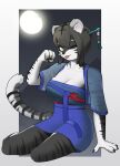  1girl :3 animal_ears animal_hands animal_nose arm_at_side arm_support bangs black_background black_fur black_hair black_sky blue_ribbon blue_shirt blue_skirt blue_trim body_fur border breasts chinese_commentary claws cleavage closed_mouth collarbone commentary_request facial_mark full_body full_moon furry furry_female grey_border hair_bun hair_ornament hair_stick hand_up happy highres jeifier_(korfiorano01) looking_at_viewer medium_breasts miniskirt moon multicolored_fur night one_eye_closed original outdoors outside_border paw_pose ribbon see-through see-through_shirt shirt short_hair short_sleeves sidelocks single_hair_bun sitting skirt smile snout solo striped_fur striped_tail tail tassel thighs tiger_ears tiger_girl tiger_tail tongue tongue_out whisker_markings white_fur yellow_eyes yokozuwari 