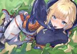  1girl absurdres aizawa_ema apex_legends between_legs blonde_hair blue_bodysuit blue_eyes blush bodysuit breasts commentary cosplay electricity ga/ddd highres jacket large_breasts looking_at_viewer mouth_hold nessie_(respawn) orange_jacket ribbed_bodysuit sexually_suggestive solo virtual_youtuber vspo! wattson_(apex_legends) wattson_(apex_legends)_(cosplay) white_bodysuit 