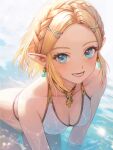  1girl :d bikini blonde_hair blue_eyes blush braid breasts bs9999s earrings hair_ornament hairclip highres jewelry looking_at_viewer looking_up on_water open_mouth pointy_ears princess_zelda short_hair smile swimsuit the_legend_of_zelda the_legend_of_zelda:_tears_of_the_kingdom white_bikini 