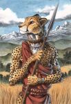  0laffson anthro cheetah clothing felid feline hi_res male mammal melee_weapon polearm solo spear traditional_media_(artwork) weapon 