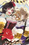  2girls alcohol beer black_hair blonde_hair breasts cup flower german_clothes hat hat_flower highres holding holding_cup kurokoma_saki looking_at_viewer multiple_girls open_mouth red_eyes red_headwear smile syuri22 touhou toyosatomimi_no_miko traditional_clothes yellow_eyes 