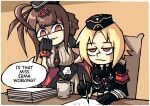  2girls absurdres ahoge armband black_gloves blonde_hair blunt_bangs breasts brown_background brown_eyes brown_hair closed_mouth coffee_mug cross cup dsr-50_(girls&#039;_frontline) garrison_cap girls&#039;_frontline gloves hair_ornament hand_up hat highres holding iron_cross large_breasts long_hair military military_hat military_uniform mp40_(girls&#039;_frontline) mug multiple_girls necktie non-web_source paper paper_stack parted_bangs parted_lips setz shirt short_hair sidelocks simple_background smile table uniform white_shirt 