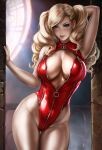  1girl arm_behind_head blonde_hair blue_eyes breasts cleavage dandon_fuga highres large_breasts leotard persona persona_5 red_leotard solo stone_wall takamaki_anne thick_thighs thigh_gap thighs twintails wall window 