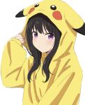  1girl alternate_costume ama_(ama_ekaku) black_hair blush closed_mouth commentary_request dot_mouth dot_nose hand_up highres hood hood_up hoodie inoue_takina long_sleeves looking_at_viewer lycoris_recoil partial_commentary pikachu pikachu_costume pokemon purple_eyes sidelocks simple_background solo upper_body white_background yellow_hoodie 
