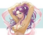  1girl bagel_dffoo blue_eyes breasts casual cleavage dancer faris_scherwiz final_fantasy final_fantasy_v hands_in_hair highres large_breasts ponytail purple_hair sarisa_highwind_tycoon shirt solo tied_shirt upper_body 
