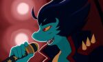  anthro black_hair demon eyeliner goenym hair hi_res kings_of_hell lutin_lucifer makeup male microphone red_eyes shoulder_pads singing smile solo spiked_shoulder_pads spikes yellow_sclera 