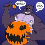  anthro belly bodily_fluids breast_milking canid canine canis english_text halloween hi_res holidays lactating male male_lactation mammal milk muscular paint pecs pregnant pregnant_male rub_lug solo speech_bubble text were werecanid werecanine werewolf wolf 