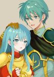  1boy 1girl :d :o absurdres armor blue_eyes blue_hair blue_shirt breastplate brother_and_sister brown_gloves commentary eirika_(fire_emblem) ephraim_(fire_emblem) fire_emblem gloves grey_background hand_on_another&#039;s_head highres long_hair open_mouth red_shirt shirt short_hair short_sleeves siblings sidelocks simple_background smile upper_body yuurururun 