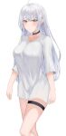  1girl absurdres ahoge black_socks blunt_bangs blush breasts closed_mouth commentary_request cowboy_shot highres large_breasts long_hair looking_at_viewer onemuikun-b original shirt short_sleeves simple_background socks solo t-shirt very_long_hair walking white_background white_shirt yellow_eyes 