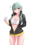  1girl alternate_costume aqua_eyes aqua_hair arm_behind_back black_jacket breasts cleavage closed_mouth collared_jacket commentary_request cup hair_behind_ear hair_between_eyes heart highres holding holding_cup jacket jouzaburou_(joe3) kantai_collection large_breasts long_sleeves looking_at_viewer navel panties partially_unzipped smile solo strapless suzuya_(kancolle) tube_top underwear white_background white_panties zipper_pull_tab 