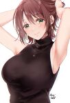  1girl absurdres adjusting_hair armpits arms_up black_sweater blush breasts character_request copyright_request gen_(enji) highres large_breasts looking_at_viewer ribbed_sweater simple_background sleeveless sleeveless_sweater solo sweater twitter_username upper_body white_background 