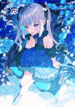  1girl :d armchair black_ribbon black_sleeves blue_dress blue_flower blue_footwear blue_rose chair commentary_request detached_sleeves dress flower frilled_dress frills full_body grey_hair hair_flower hair_ornament hair_ribbon hand_up highres ikari_(aor3507) looking_at_viewer on_chair original puffy_short_sleeves puffy_sleeves purple_eyes ribbon rose shoes short_sleeves sitting sleeveless sleeveless_dress smile solo twintails twitter_username white_flower 