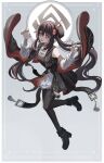  1girl black_nails brown_hair flower flower-shaped_pupils full_body genshin_impact hair_flower hair_ornament highres hu_tao_(genshin_impact) long_hair looking_at_viewer open_mouth plum_blossoms sidelocks symbol-shaped_pupils twintails white_background xukong 
