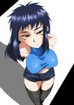  1girl black_thighhighs blue_hair breasts closed_mouth collarbone denim denim_shorts kain0037 long_hair looking_at_viewer midriff neo_ranga shimabara_yuuhi short_shorts shorts smile solo thighhighs yellow_eyes 