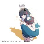  black_eyes black_hair blue_dress commentary_request dress facial_tattoo fate/grand_order fate_(series) floral_background frilled_dress frills hair_ornament lv1na_ura multicolored_hair sandals sidelocks sleeveless squatting tassel tassel_hair_ornament tattoo tenochtitlan_(fate) translation_request two-tone_hair white_background wristband 