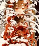  1girl blood blood_from_eyes blood_from_mouth commentary empty_eyes encasement flower hatsune_miku highres intestines long_hair looking_at_viewer naizou_arimasuka_(vocaloid) own_hands_together parted_lips red_eyes ribs solo syare_0603 twintails vocaloid white_flower 