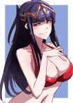  1girl absurdres alternate_costume bare_shoulders bikini black_hair blunt_bangs breasts cleavage collarbone fire_emblem fire_emblem_awakening grey_eyes hair_ornament highres large_breasts long_hair looking_at_viewer navel red_bikini smile solo swimsuit tharja_(fire_emblem) to_(tototo_tk) twintails upper_body 