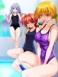  3girls black_one-piece_swimsuit blonde_hair blue_eyes blue_hair blue_one-piece_swimsuit breasts cleavage collarbone covered_navel engo_(aquawatery) food grin hair_ornament hair_scrunchie large_breasts long_hair looking_at_viewer lyrical_nanoha multiple_girls one-piece_swimsuit open_mouth outdoors ponytail pool popsicle purple_eyes purple_one-piece_swimsuit red_hair reinforce_zwei scrunchie shamal sky small_breasts smile swimsuit vita_(nanoha) watermelon_bar x_hair_ornament 