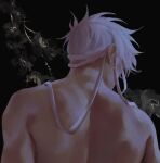  1boy 3aem black_background facing_back gojou_satoru highres jujutsu_kaisen male_focus messy_hair ribbon short_hair solo topless_male upper_body white_hair white_ribbon 