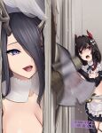  2girls antlers apron asymmetrical_horns axe azur_lane black_hair breasts cleavage ex_saki golden_hind_(azur_lane) golden_hind_(forlorn_femme_fatale)_(azur_lane) hair_over_one_eye hair_ribbon halloween_costume highres holding holding_sword holding_weapon horns large_breasts maid_apron mole mole_under_mouth multiple_girls official_alternate_costume open_mouth parody purple_eyes red_eyes reindeer_antlers ribbon royal_fortune_(azur_lane) royal_fortune_(treats_from_the_deep)_(azur_lane) saber_(weapon) scared scene_reference shaded_face signature smile suction_cups sword tentacle_hair tentacles the_shining veil weapon white_ribbon 