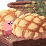  basket blue_eyes blush_stickers bread closed_mouth crumbs eating food food_focus indoors kirby kirby_(series) leaf melon_bread miclot no_humans plant smile standing 