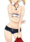  1girl belt blonde_hair breasts breasts_out denim denim_shorts double_strap_slip fate/grand_order fate_(series) head_out_of_frame highres jewelry mordred_(fate) morisobo navel necklace nipples paid_reward_available short_shorts shorts simple_background small_breasts solo white_background 