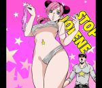  1boy 1girl black_hair braid breasts commentary_request covered_nipples father_and_daughter from_below hat jojo_no_kimyou_na_bouken kid_(kidocchi) kujo_jolyne kujo_jotaro large_breasts looking_at_viewer naked_ribbon naked_string navel_piercing panties panties_removed piercing pink_hair pink_panties ribbon single_braid star_piercing starry_background stone_ocean string sweat underwear 
