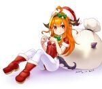  1girl aged_down ahoge araki_(qbthgry) bell boots bow brown_hair christmas dragon_girl dragon_horns dragon_tail hair_bow hair_intakes hat hololive horns jingle_bell kiryu_coco leaning_back leotard long_hair pantyhose red_eyes red_footwear red_leotard ribbon sack santa_hat sitting smile solo tail thighs virtual_youtuber white_pantyhose 
