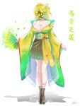  1girl absurdres blonde_hair boots bow bowtie breasts cleavage egasumi hand_fan highres hitatsuphat japanese_clothes kisaki_tencha leaf mask nijigen_project paper_fan pleated_skirt skirt vietnamese_commentary virtual_youtuber white_background wide_sleeves yellow_bow yellow_bowtie 