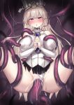  1girl anna_margrethe bare_shoulders black_skirt blonde_hair breasts brooch chunithm clasp commentary_request covered_nipples detached_sleeves ear_focus highres jewelry kutan large_breasts open_mouth purple_eyes rolling_eyes shirt skirt sleeveless sleeveless_shirt solo spread_legs tentacle_pit tentacle_sex tentacles tentacles_under_clothes torn_clothes torn_skirt white_headwear white_shirt white_sleeves winged_hat 