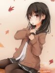  1girl akino_shuu autumn_leaves black_hair black_sailor_collar black_skirt brown_cardigan brown_pantyhose cardigan commentary_request hair_between_eyes iroha_kaede leaf long_hair long_sleeves looking_at_viewer maple_leaf open_cardigan open_clothes original pantyhose pleated_skirt puffy_long_sleeves puffy_sleeves red_eyes sailor_collar shirt signature sitting skirt sleeves_past_wrists solo twitter_username tying_hair wariza white_shirt 