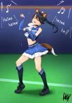  1girl alternate_breast_size animal_ears black_footwear black_hair black_socks blue_shirt blue_skirt closed_eyes crop_top dancing detached_sleeves fake_animal_ears fake_tail fox_ears fox_tail full_body highres houshou_(kancolle) kantai_collection kitsune_dance layered_skirt long_hair paw_pose ponytail shirt shoes skirt sleeveless sleeveless_shirt smile sneakers socks solo tadokoro_nurikabe tail 