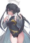  1girl black_dress black_hair black_panties blue_archive blush breasts china_dress chinese_clothes closed_mouth clothes_lift double_bun dragon_print dress dress_lift grey_eyes grey_halo hair_bun hair_ornament halo jacket kintarou_(kintarou&#039;s_room) kisaki_(blue_archive) lifted_by_self long_hair looking_at_viewer panties pelvic_curtain pinstripe_jacket pinstripe_pattern print_dress sleeveless sleeveless_dress small_breasts solo standing striped striped_coat striped_jacket underwear vertical-striped_coat vertical-striped_jacket vertical_stripes 