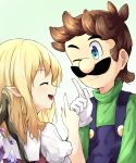  1boy 1girl ;) absurdres blonde_hair blue_eyes blue_overalls brown_hair closed_mouth commentary crystal english_commentary facial_hair fang flandre_scarlet gloves green_background highres index_finger_raised long_sleeves looking_at_another looking_at_viewer luigi mario_(series) mustache no_headwear one_eye_closed open_mouth overalls ruu_(ruigi12) short_sleeves skin_fang smile solo touhou upper_body white_gloves wings 