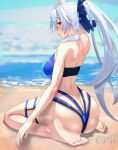  1girl absurdres ass back bare_shoulders barefoot blue_bow blue_one-piece_swimsuit bow breasts fate/grand_order fate_(series) hair_between_eyes hair_bow highleg highleg_swimsuit highres large_breasts long_hair looking_at_viewer looking_back one-piece_swimsuit ponytail red_eyes sitting solo swimsuit thigh_strap tomoe_gozen_(fate) tomoe_gozen_(swimsuit_saber)_(fate) tomoe_gozen_(swimsuit_saber)_(first_ascension)_(fate) two-tone_swimsuit user_vdkm2347 wariza white_hair white_one-piece_swimsuit 