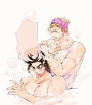  2boys anger_vein animal_ears battle_tendency blonde_hair brown_hair caesar_anthonio_zeppeli claws facial_mark fang hatoyama_itsuru headband jojo_no_kimyou_na_bouken joseph_joestar joseph_joestar_(young) kemonomimi_mode male_focus multiple_boys see-through shampoo shirt soap_bubbles splashing tank_top triangle_print washing_hair wet wet_clothes wet_shirt wolf_ears 