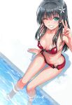  1girl 40010prototype black_hair blue_eyes blush breasts cleavage flower hair_flower hair_ornament highres long_hair one_eye_closed open_clothes pool saten_ruiko shiny_skin smile swimsuit teeth toaru_kagaku_no_railgun toaru_majutsu_no_index v 