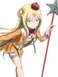  1girl blonde_hair blue_eyes character_request commentary_request cosplay genshiken hat long_hair looking_at_viewer magical_girl naughty_face otaku pointing pointing_forward ribbon smirk susanna_hopkins very_long_hair wand white_background 