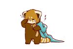  2023 ailurid bedding biped blanket brown_body chibi eyes_closed feral hi_res japanese_text mammal plushie red_panda shi_nominmin simple_background solo text tired white_background 