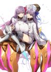  2girls absurdres armored_boots blue_eyes blue_ribbon blush boots breasts buttons double-breasted fate/extra fate/extra_ccc fate/grand_order fate_(series) hair_ribbon highres huge_breasts jacket long_hair long_sleeves looking_at_viewer meltryllis_(fate) multiple_girls no-kan passionlip_(fate) pink_eyes pink_ribbon prosthesis prosthetic_leg purple_hair ribbon sleeves_past_fingers sleeves_past_wrists small_breasts smile tongue tongue_out very_long_hair white_jacket 