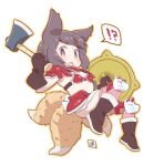  !? 1girl animal_ears armor axe bikini_armor black_footwear black_gloves black_hair bob_cut boots brown_eyes fang fox_ears fox_girl fox_tail gloves holding holding_axe holding_shield holding_weapon knee_pads kukuri_(mawaru) looking_at_viewer mawaru_(mawaru) multiple_tails open_mouth orange_outline original pauldrons shield short_hair shoulder_armor simple_background skin_fang solo tail weapon white_background 