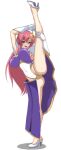  1girl blue_eyes blush breasts full_body gloves gundam gundam_seed gundam_seed_destiny hair_ornament highleg highleg_leotard highres jeminiremu large_breasts leg_lift leg_up leotard long_hair looking_at_viewer meer_campbell pink_hair purple_leotard smile solo split standing standing_on_one_leg standing_split star_(symbol) star_hair_ornament white_gloves white_leotard 