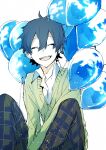  1boy :d ^_^ bad_id bad_pixiv_id balloon blue_hair blue_pants brown_pants closed_eyes collared_shirt commentary dark_blue_hair double-parted_bangs facing_viewer feet_out_of_frame green_sweater hair_between_eyes happy hasuhasuhasu0127 highres kagerou_project kokonose_haruka long_sleeves male_focus mole mole_under_eye multicolored_pants open_collar open_mouth pale_skin pants plaid plaid_pants school_uniform shirt short_hair simple_background sitting sketch smile solo sweater teeth upper_teeth_only v_arms white_background white_shirt 