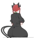  1girl animal_ears ass black_bow bow braid breasts cat_ears cat_tail commentary dress english_commentary extra_ears facing_away from_behind grey_dress hair_bow hair_over_shoulder highres huge_breasts kaenbyou_rin long_hair mata_(matasoup) multiple_tails nekomata pointy_ears puffy_short_sleeves puffy_sleeves short_sleeves simple_background solo tail tail_through_clothes touhou twin_braids two_tails white_background 